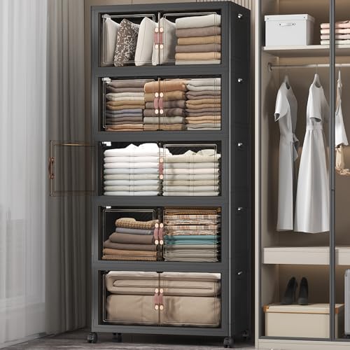 Stackable Storage Bins, 560QT Collapsible Drawers with 1 Lid | Large Capacity, Magnetic Door, Stack Lock, Rolling Wheels, Foldable Design, Organizers and Storage for Bedroom Dorm Garage - color: Dark-112QT, size: 5Pack with 1 top lid