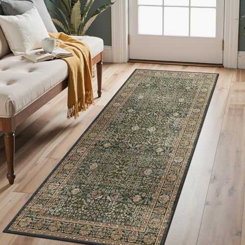 2'6" x 7' Kitchen Runner Rug, Washable Non Slip, Dark Green Brown | Vintage Floral, Spill Resistant, Lightweight Low Pile Carpet for Hallway, Bedroom, Laundry Room and Bathroom - color: Dark Green Brown, size: 2'6" x 7' (Rectangular)