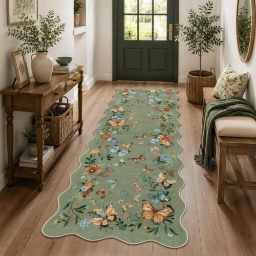 Scalloped Butterfly Entryway Runner Rug, 2x6 Washable Green Rug Runners for Hallways Non-Slip Soft Ultra Thin Kitchen Runner Rug, Boho Floral Throw Carpet for Bathroom Laundry - color: Retro Green Butterfly, size: 2' x 6'