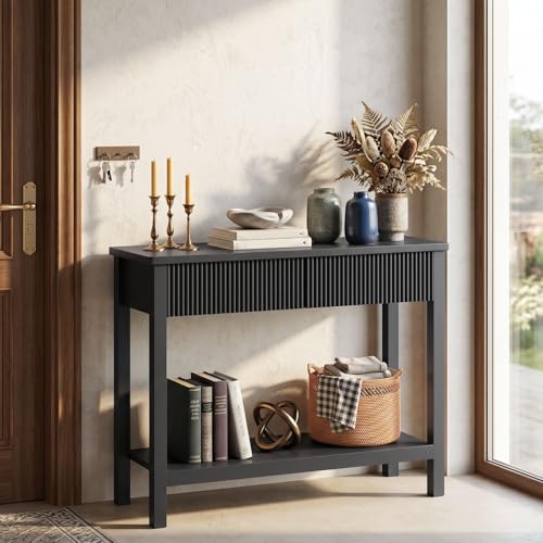 HOOBRO 39.4" Console Table with 2 Wavy Drawers, Narrow Long Entryway Table with Storage Shelf, 2 Tier Modern Sofa Table Wooden Behind Couch Table, Hallway Table for Living Room, Black BK89XG01N1