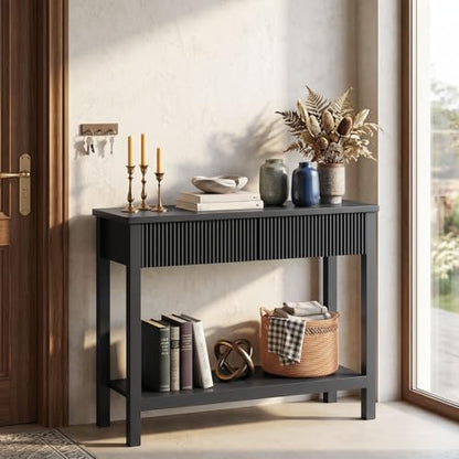HOOBRO 39.4" Console Table with 2 Wavy Drawers, Narrow Long Entryway Table with Storage Shelf, 2 Tier Modern Sofa Table Wooden Behind Couch Table, Hallway Table for Living Room, Black BK89XG01N1