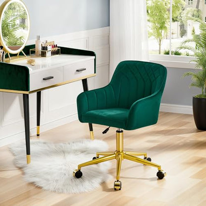 VECELO Modern Velvet Swivel Home Office Desk Chair with Back & Rolling Wheels, Adjustable Seat Height for Girls Women Bed Room Vanity Makeup/Task/Computer Work, Green - color: Green