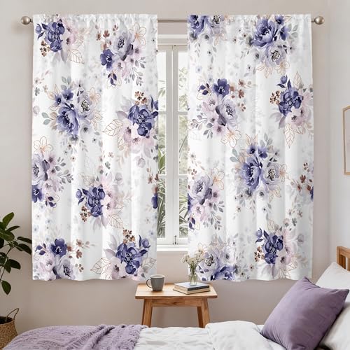 Floral Curtains 63 Inches Long for Living Room 2 Panels,Purple Flower Vintage Farmhouse Curtains Semi Sheer Light Filtering Pink Curtain for Bedroom,Rod Pocket Drapes Boho Curtain Room Decor - color: Purple Floral, size: 42"W x 63"L (Pack of 2)