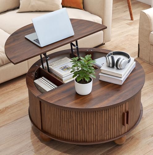 Round Lift Top Coffee Table with Storage, Fluted Circle Coffee Table,Walnut | 33.5" Mid Century Modern Lift Top Coffee Table with Sliding Door & Solid Wood Legs, Circle Round Center Table for Living Room - color: Walnut, size: 33.5"D x33.5"W x 15.74"H
