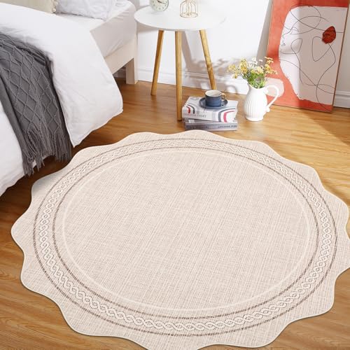 GarveeHome Scalloped Washable Small Round Rug 3ft Non-Slip Soft, Beige | Soft Boho Ultra-Thin Circle Low Pile Stain Resistant Carpet for Bedroom Entryway Kitchen Laundry Bathroom - color: Beige, size: 3' (Round)