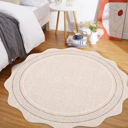 GarveeHome Scalloped Washable Small Round Rug 3ft Non-Slip Soft, Beige | Soft Boho Ultra-Thin Circle Low Pile Stain Resistant Carpet for Bedroom Entryway Kitchen Laundry Bathroom - color: Beige, size: 3' (Round)