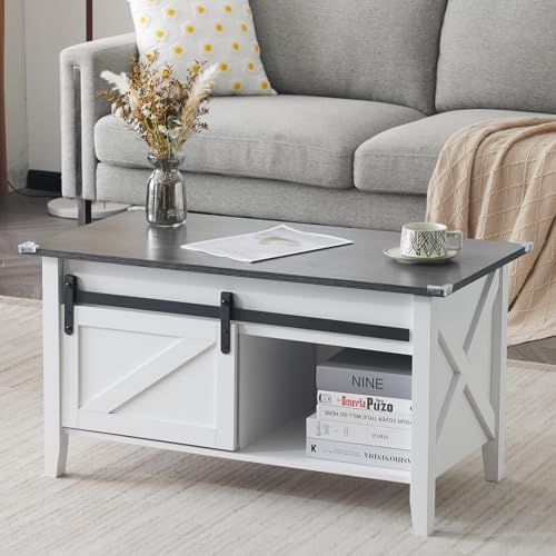 VINGLI Farmhouse Lift Top Coffee Table,36" Living Room Table,White Charcoal