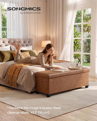 SONGMICS Storage Ottoman Bench with Legs, Folding Ottoman Foot Rest with Flipping Lid, Bench with Storage, for Living Room, Bedroom, Entryway, Synthetic Leather, 43.3 Inches, Coffee Brown ULSF085KQ01 - color: Coffee Brown, style: with Flipping Lid