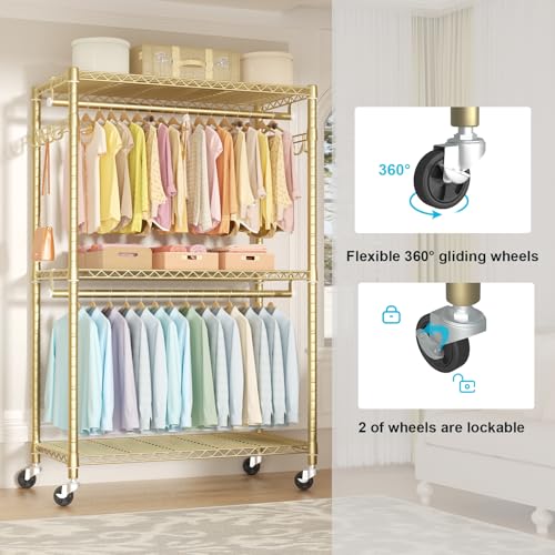 P1 Plus Rolling Clothes Rack, 22mm Diameter Heavy Duty Garment Rack | Clothing Rack with Wheels, Portable Closets with Shelves and Hanger Rods, 45"W x 17.7"D x 80.5"H, Load 524lbs, Gold - color: Gold, size: P1 Plus