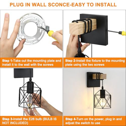 Lightess Farmhouse Plug in Wall Sconces Lamps for Bedroom Set of 2 | Easy Plug In Installation Without Wiring Work Industrial Wall Lights Metal Cage Lampshade Black Wall Mounted for Living Room - size: plug in