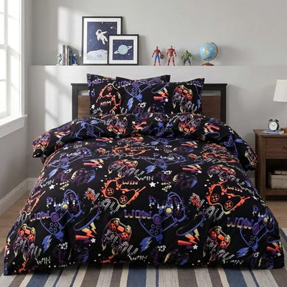 JSD Black Gaming Kids Duvet Cover Set Full Size | 3 Piece Soft Printed Microfiber Duvet Cover with Pillow Shams Zipper Closure, Comforter Not Included, Oeko-Tex Certified - color: Black Gamer, size: Full