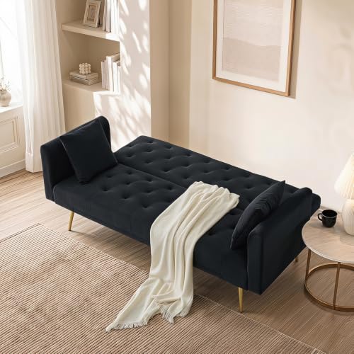 71" Modern Velvet Sofa Bed Futon, Convertible Sleeper Couch, Adj. Backrest (Black-Velvet) - color: Black-velvet