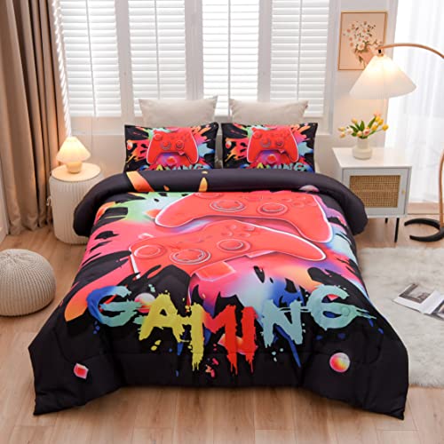 Aimuan Gaming Comforter Sets for Boys Kids Bedding Sets Video Games Console Action Buttons Novelty Colorful Game Gamepad Controller Modern Gamer Room Decor Home Quilt Set (Twin, Black) - color: Black, size: Twin