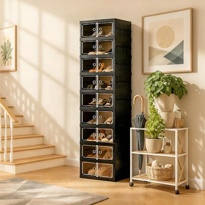 Foldable Shoe Organizer Storage Box, Portable Extra Large Folding Shoe Rack for Closet, Shoe Storage Box with Magnetic Transparent Door and Wheels, 9 Layers 18 Grids - size: Black 9 Layers-A