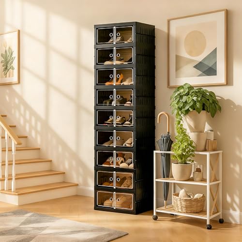 Foldable Shoe Organizer Storage Box, Portable Extra Large Folding Shoe Rack for Closet, Shoe Storage Box with Magnetic Transparent Door and Wheels, 9 Layers 18 Grids - size: Black 9 Layers-A