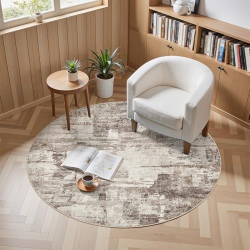 kakania Abstract 6x6 Round Rugs for Living Room: Circle Rugs 6FT Brown | Washable, Soft, Non-Slip, Low-Pile, Pet & Kid Friendly - Modern Home Decor Carpet for Bedroom/Dining Room/Nursery - color: Brown, size: 6' (Round)