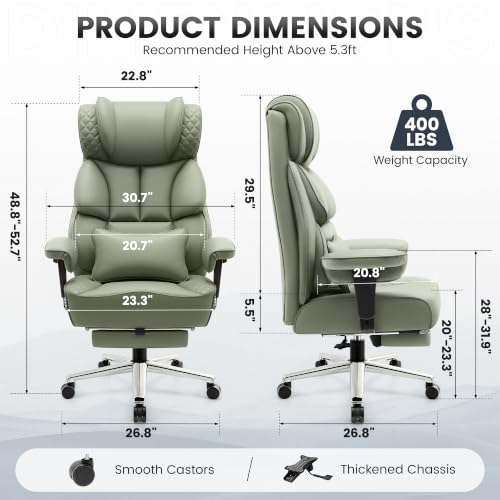 BestGlory Office Desk Chair, Big and Tall Leather Gaming Chair with Footrest, Wide Ergonomic Comfy Executive High-Back Reclining Computer Chairs, Swivel Rolling Wheels and Padded Lumbar Support, Green - color: Green, style: 3 Position Reclining