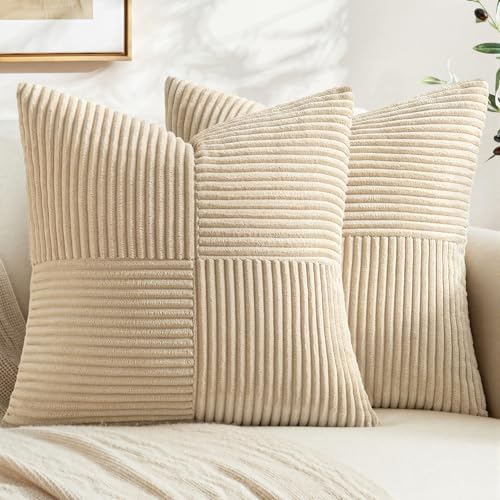 MIULEE Natural Beige Decorative Throw Pillow Covers for Couch 16x16 Inch | 2 Pack, Boho Farmhouse Pillow Covers, Soft Cross Corduroy Patchwork Textured Cushion Cases For Bed Sofa - color: Natural Beige, size: 16" x 16" (Pack of 2)