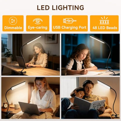 Clip on Desk Lamp, Flexible Reading Light | 5W LED Book Light, 3 Color & 6 Brightness Levels, USB Powered Adjustable Neck Lamp for Desk, Bedside, Study, Office - color: Dark Black
