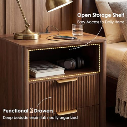 LYNCOHOME 19.7" Fluted Nightstands Set of 2 with Charging Station, 2 Drawer Bedside Table, Modern Night Stand with Curved Edge, Wooden End Table for Bedroom, Rounded Night Stand with Storage, Walnut - size: 15"D x 19.7"W x 24.2"H（2 Drawers）