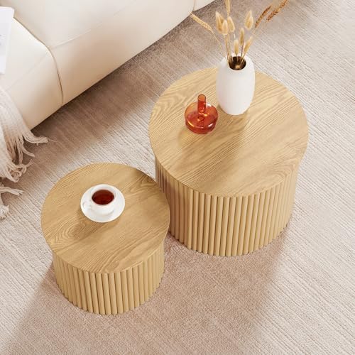 Fluted Round Nesting Coffee Table Set of 2, Small Coffee Table Circle Side Table, Boho Modern Wood Nesting Table Farmhouse End Tables Set for Living Room, Bedroom, Small Spaces(Natural) - color: Wood, size: Small