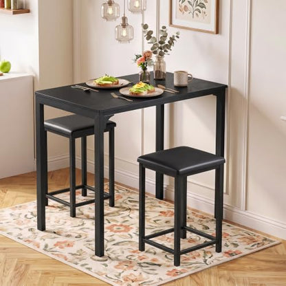 COSTWAY Dining Table Set, Counter Height Table & 2 Upholstered Stools | Black, PU Leather Seats, Metal Frame, Modern, Non-Slip Foot Pads, Space-Saving for Small Space, Kitchen Island - color: Black