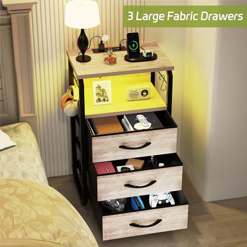 runjuly End Tables Set of 2 with Charging Station, LED Light, Hooks, Greige | 3 Large Fabric Drawers, USB C Ports & Power Outlets, Metal Night Stand Pair, Storage Nightstand for Living Room / Bedroom - color: Greige, style: Larger+Taller Set of 2