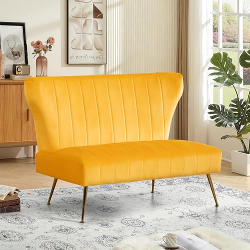 ZJhome 50’’ Armless Loveseat Sofa, Comfy Upholstered Velet Small Couch Sofa with Gold Legs, 2 Seater Tufted Modern Couch for Living Room, Bedroom, Apartment Small Space (Yellow) - color: Yellow, size: 50'' stripe