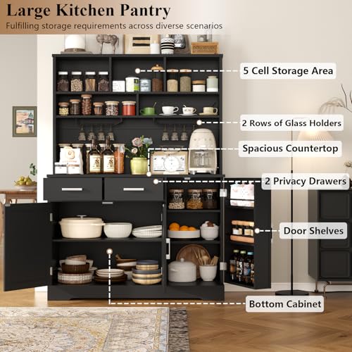 Tall Pantry Cabinet with Darwers, Modern Kitchen Hutch with Microwave Stand | Kitchen Pantry Storage Cabinet with Door Shelf, Food Pantry with Goblet Holders & Adjustable Shelves for Dining Room, Black - color: Black-goblet Holders