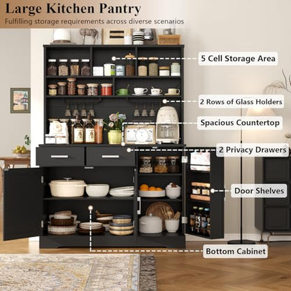 Tall Pantry Cabinet with Darwers, Modern Kitchen Hutch with Microwave Stand | Kitchen Pantry Storage Cabinet with Door Shelf, Food Pantry with Goblet Holders & Adjustable Shelves for Dining Room, Black - color: Black-goblet Holders