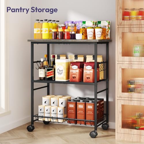 SWTYMIKI Rolling Kitchen Microwave Cart - 3 Tier Microwave Table Stand with Storage Basket and Hooks, Kitchen Utility Cart on Wheels, Coffee Cart Shelf Rack Organizer for Living Room Office, Balcony - color: Grey