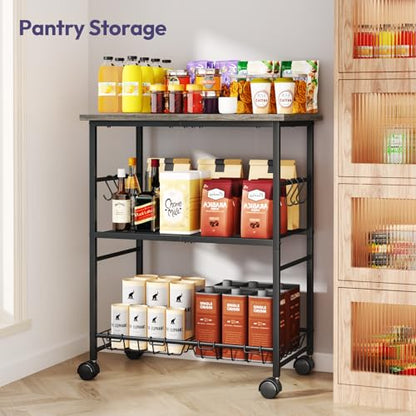SWTYMIKI Rolling Kitchen Microwave Cart - 3 Tier Microwave Table Stand with Storage Basket and Hooks, Kitchen Utility Cart on Wheels, Coffee Cart Shelf Rack Organizer for Living Room Office, Balcony - color: Grey