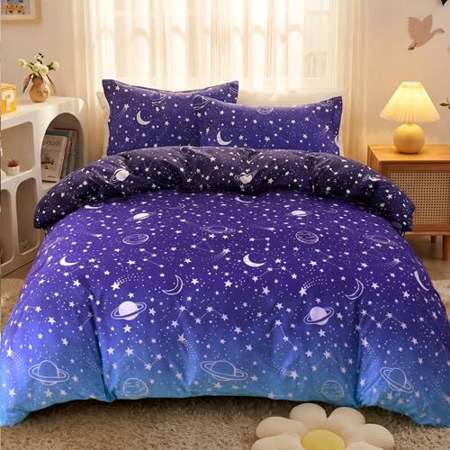 JSD Blue Stars Space Theme Kids Boys Duvet Cover Set Twin Size | 2 Piece Soft Printed Microfiber Duvet Cover with Pillow Sham Zipper Closure, Comforter Not Included, Oeko-Tex Certified - color: Blue Stars, size: Twin