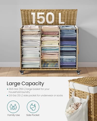 SONGMICS Laundry Hamper with Lid, 42.3 Gallons (160 L), Rolling Laundry Basket with Wheels, 3-Section Synthetic Rattan, Removable Liner, Bedroom, 29.9 x 13 x 26 Inches, Natural ULCB365N01 - color: Natural, size: 160 L