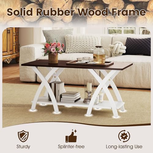 Giantex Farmhouse Coffee Table, 2-Tier Wood Center Table with Storage Shelf & X-Shaped Support Legs, 40 Inch Rectangular Living Room Table with Open Display Area for Small Space (Walnut&White) - color: Walnut & White