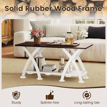 Giantex Farmhouse Coffee Table, 2-Tier Wood Center Table with Storage Shelf & X-Shaped Support Legs, 40 Inch Rectangular Living Room Table with Open Display Area for Small Space (Walnut&White) - color: Walnut & White