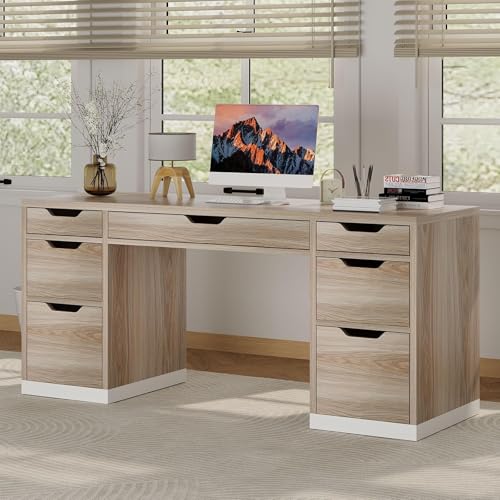 Computer Desk with Drawers, Small Office Desk with Storage, Light Walnut | 54 Inch Writing Desk with 7 Storage Drawers, Study Desk for Bedroom, Small Spaces - color: Light Walnut