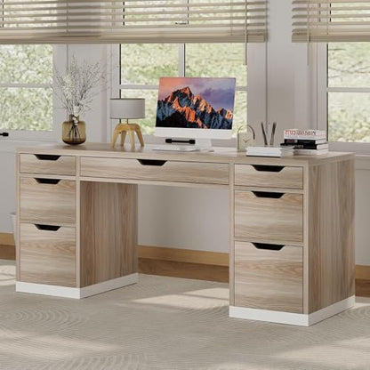 Computer Desk with Drawers, Small Office Desk with Storage, Light Walnut | 54 Inch Writing Desk with 7 Storage Drawers, Study Desk for Bedroom, Small Spaces - color: Light Walnut