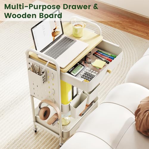 Rolling Utility Cart with Drawer, 3 Tier Rolling Cart with Wheels, Hooks & Hanging Cups, Craft Cart Art Cart Snack Cart Rolling Storage Cart with Wooden Table Top & DIY Pegboards, White