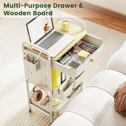 Rolling Utility Cart with Drawer, 3 Tier Rolling Cart with Wheels, Hooks & Hanging Cups, Craft Cart Art Cart Snack Cart Rolling Storage Cart with Wooden Table Top & DIY Pegboards, White