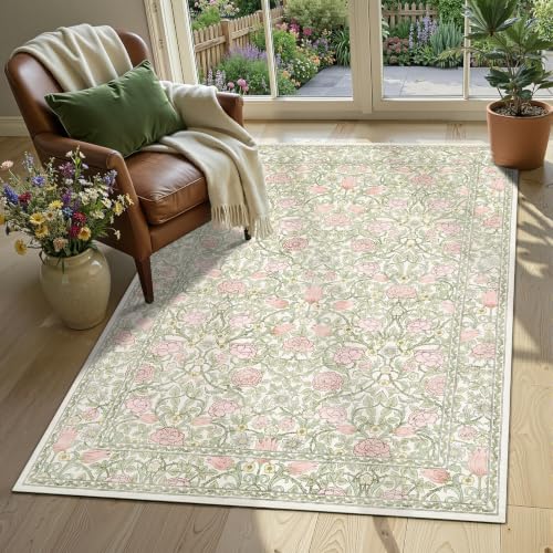 GarveeHome Pink Green Beige Floral 3x5 Area Rug for Nursery Bedroom | Washable Girls Dorm Rug Entryway Doormat Vintage Boho Rugs Low-Pile Non-Slip Stain Resistant TPE Backing - color: A Beige / Pink, size: 3' x 5' (Rectangular)