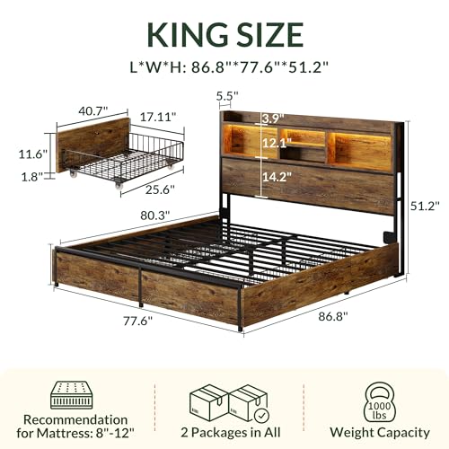 King Size Bed Frame with 6 Storage Drawers and Headboard Wooden Platform Bed Frame with LED Lights and Charging Station Easy Assembly/No Box Spring Needed/Vintage Brown - color: Brown, size: King