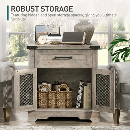 Farmhouse End Table with Charging Station, 24" Large Sofa Side Table with Drawer, Large End Table for Living Room, Wooden Nightstand with Outlet, Square, Greige - color: Greige