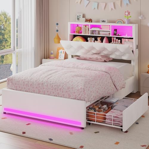 HAUOMS Twin Bed Frame with Headboard and 4 Drawers, Cream Upholstered | Storage Headboard with Charging Station and LED Lights, Velvet Platform Bed with 5 Storage Shelf, Noise Free, for Kids,Girls - color: Velvet Creamy White, size: Twin (U.S. Standard)