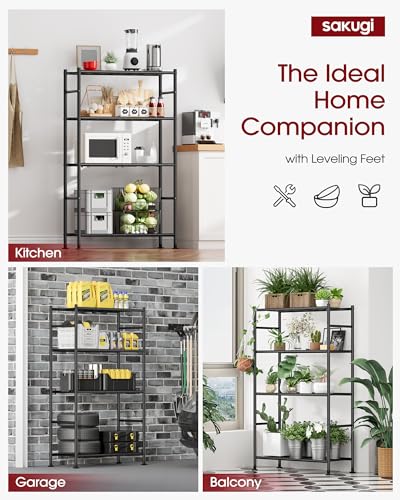 Sakugi 4-Tier Storage Shelves 33.1" x12.6" x58.9" Black with Wheels | Kitchen, Closet, Pantry, Garage, Heavy Duty, Adjustable Feet, Metal Construction - color: Black, size: 33.1W x 12.6D x 58.9H(4T)
