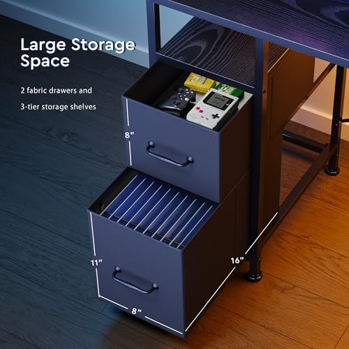 L Shaped Gaming Desk, Reversible with LED Lights, Shelves, Charging, Black | Reversible, LED lights, Charging, Monitor stand - color: Black