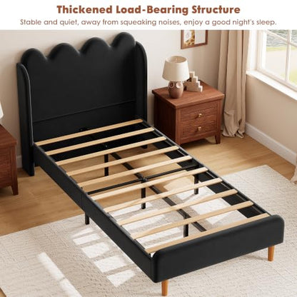 Garvee Twin Bed Frame for Kids, Upholstered Scalloped Wave Tall Headboard, Chenille Wingback Design, Wood Slat Support, No Box Spring Needed, Easy Assembly, Black | Upholstered Scalloped Wave Tall Headboard, Wood Slat Support, No Box Spring Needed, Easy A
