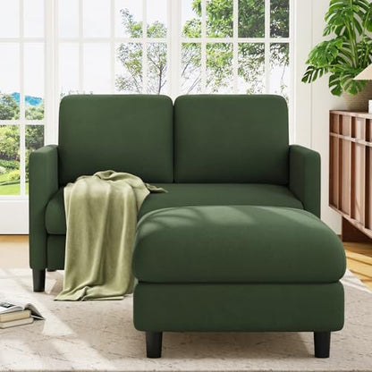 Welzona Loveseat Sofa with Ottoman, 51" Small L Shaped Teddy Couch Sofa | Comfy Teddy Fabric, Tool-free Setup, Washable Covers, All-wood Couch Sets for Living Room, Bedroom, Small Spaces, Green - color: Green, size: loveseat & ottoman