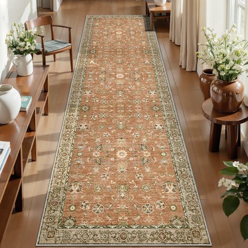Tangsoo Washable Runner Rug for Hallway Non Slip,2x12 Long Terracotta Rug | Boho Vintage Floral Rug Runners for Entryway,Farmhouse Soft Low Pile Carpet Runner for Kitchen Bathroom Laundry Bedroom Decor - color: Terracotta Tangerine, size: 2' X 12' (Runner