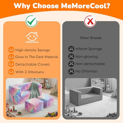 MeMoreCool Glow in Dark Rainbow Kids Couch, Modular Fold Out Play Sofa | Rainbow glow in dark kids couch folds out to bed, fort or chair, machine washable velour - color: Rainbow